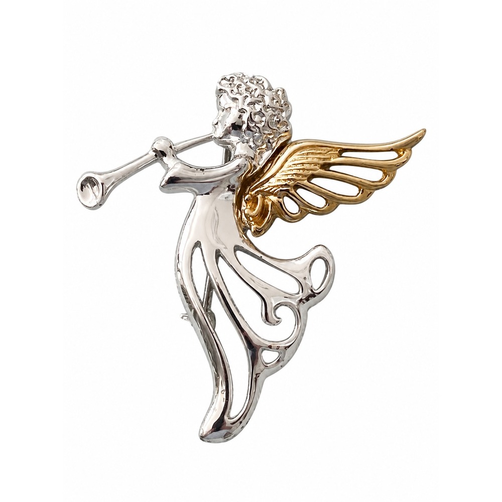 Vintage Guardian Angel  Silver Gold Tone Brooch Pin w/Flute Excellent Condition